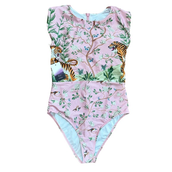 Aerie Melina Tiger Blossom One-Piece Swimsuit Pink New with Tags UV Protection L - Picture 2 of 13